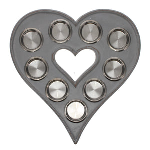 9 Tea Light Mango Wood Heart - Grey