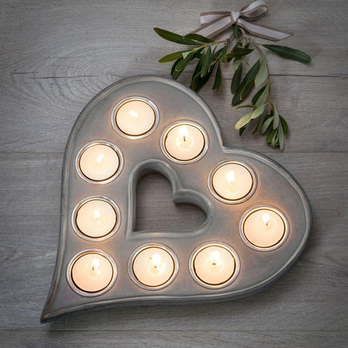 9 Tea Light Mango Wood Heart - Grey - Pretty Little Duck