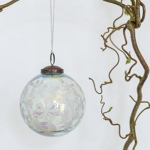 White Flora Round Glass Iridescence Bauble
