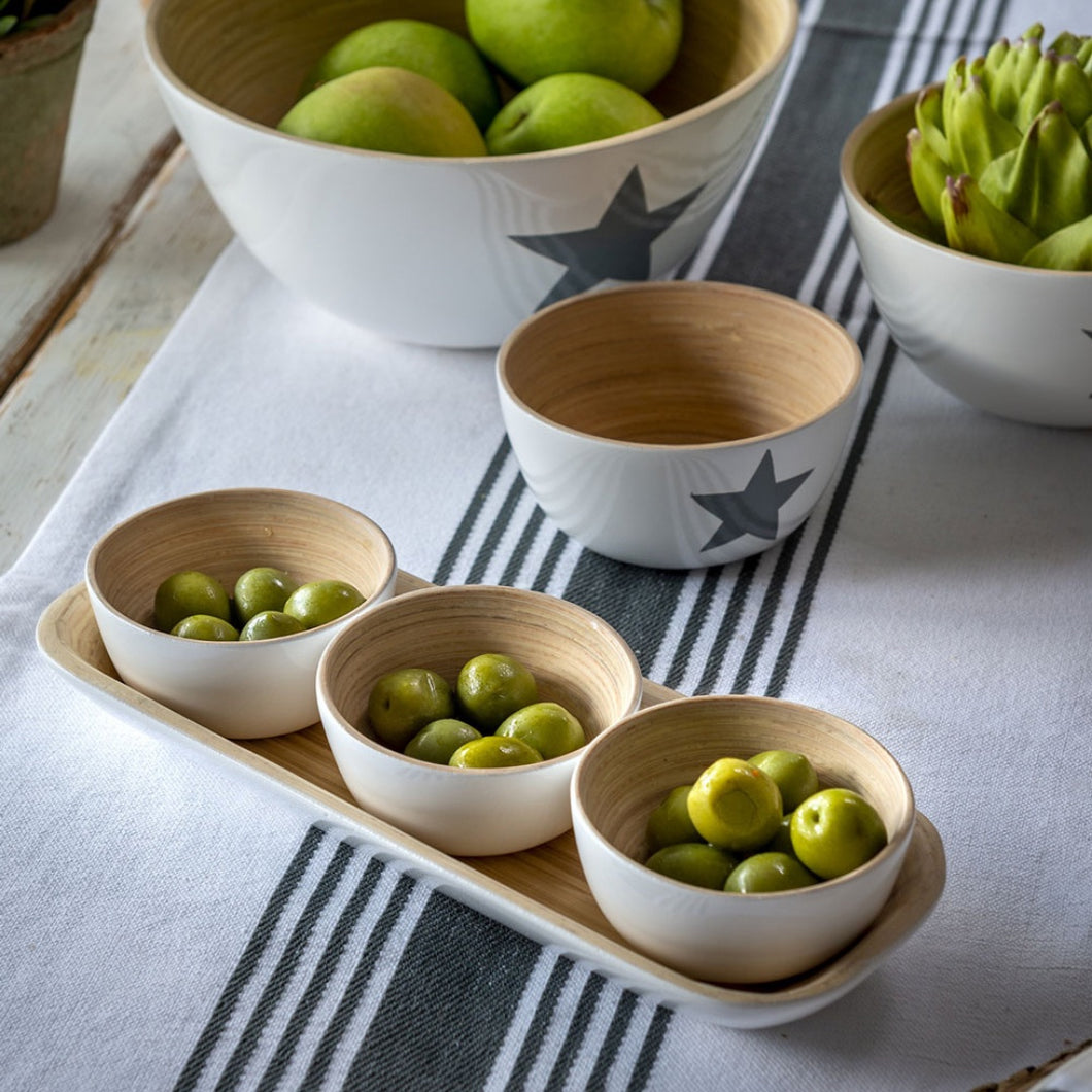 Set of 3 Bamboo Dipping Bowls & Tray