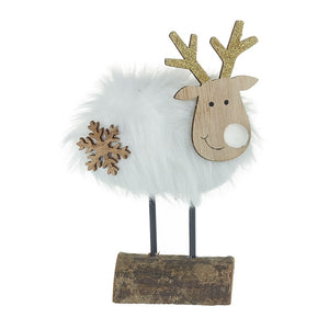 Wooden Deer on Log With White Fur Body